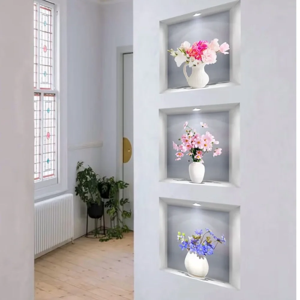 3D wall stickers 12”x12” Plants and flowers in a vase 6 stickers NEW